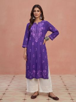 House of Chikankari - Hoc Women Purple Cotton Chikankari Kurta