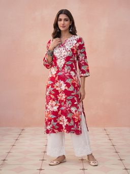 House of Chikankari - Hoc Cotton Chikankari Pink Printed Straight Women Long Kurta