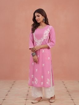 House of Chikankari - Hoc Cotton Chikankari Pink Straight Women Long Kurta