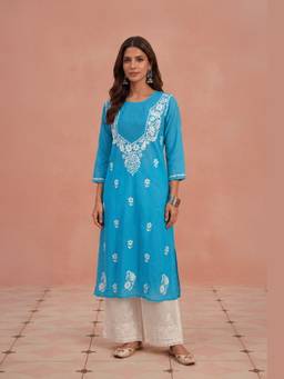 House of Chikankari - Hoc Cotton Chikankari Blue Straight Women Long Kurta