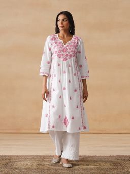 House of Chikankari - Hoc Cotton Cambric Chikankari White A-Line Long Kurta