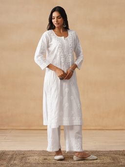 House of Chikankari - Hoc Dobby Chikankari Mukaish White Straight Women Long Kurta-White