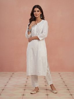 House of Chikankari - Hoc Cotton Chikankari White Straight Women Long Kurta