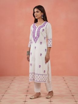 House of Chikankari - Hoc Cotton Chikankari White Straight Long Kurta