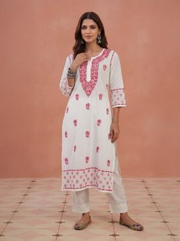 House of Chikankari - Hoc Cotton Chikankari White Straight Women Long Kurta