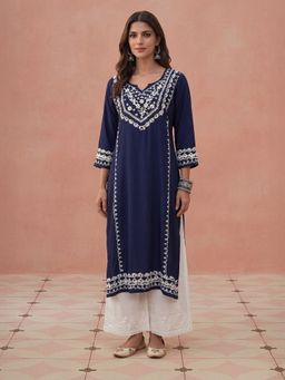 House of Chikankari - Hoc Rayon Chikankari Navy Blue Straight Women Long Kurta