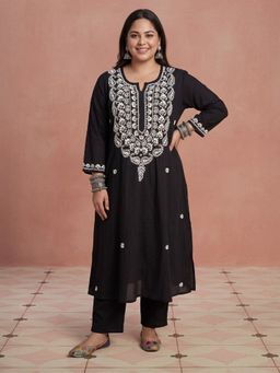 House of Chikankari - Hoc Cotton Chikankari Black Long Kurta
