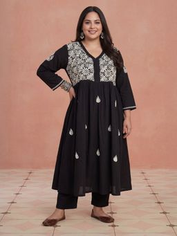 House of Chikankari - Hoc Cotton Black Chikankari Solid Women Long Kurta