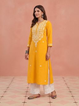House of Chikankari - Hoc Cotton Chikankari Yellow Women Long Kurta