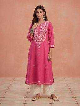 House of Chikankari - Hoc Cotton Chikankari Fuchsia Women Long Kurta