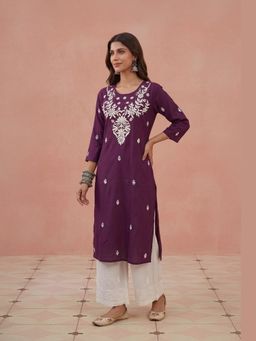House of Chikankari - Hoc Cotton Cambric Chikankari Wine Long Kurta