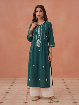 House of Chikankari - Hoc Cotton Dobby Bottle Green Chikankari Women Long Kurta