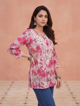 House of Chikankari - Hoc Women Pink Mulmul Chikankari Short Kurta
