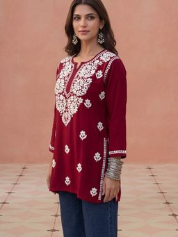 House of Chikankari - Hoc Women Red Rayon Chikankari Short Kurta