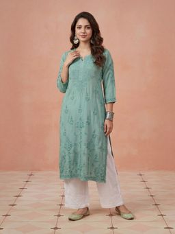 House of Chikankari - Hoc Fenal Modal Chikankari Jade Green Women Long Kurta
