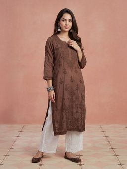House of Chikankari - Hoc Fenal Modal Chikankari Women Brown Long Kurta