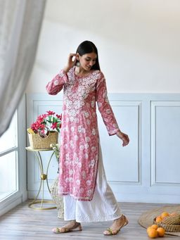 House of Chikankari - Taima Chikankari Pink Mulmul Straight Kurta