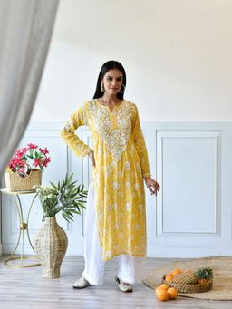 House of Chikankari - Taima Chikankari Yellow Mulmul Straight Kurta