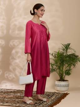 THREZO - Wine Chanderi Chikankari Embroidered Kurta