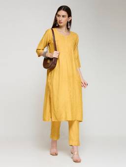 THREZO - Mustard Chanderi Chikankari Kurta