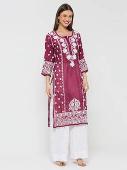 THREZO - Maroon Chanderi Chikankari Solid Long Kurta