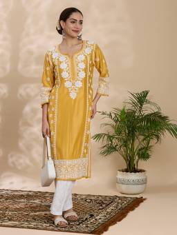 THREZO - Mustard Chanderi Chikankari Solid Long Kurta