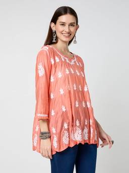 THREZO - Orange Chanderi Chikankari Solid Short Kurta