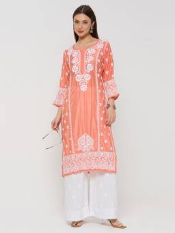 THREZO - Peach Chanderi Chikankari Solid Long Kurta
