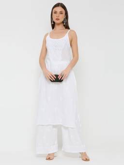THREZO - White Cotton Chikankari Long Kurta Sleeveless