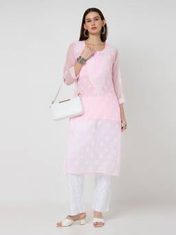 THREZO - Pink Georgette Chikankari Long Kurta with Slip