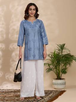 THREZO - Grey Modal Chanderi Solid Short Kurta