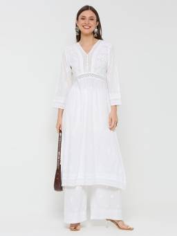 THREZO - White Mul Cotton Chikankari Solid Long Kurta