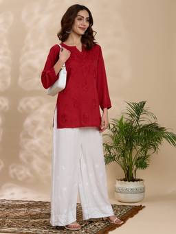 THREZO - Red Rayon Viscose Solid Kurta
