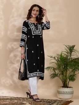 THREZO - Black Rayon Chikankari Solid Long Kurta