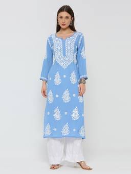 THREZO - Blue Modal Chikankari Solid Long Kurta