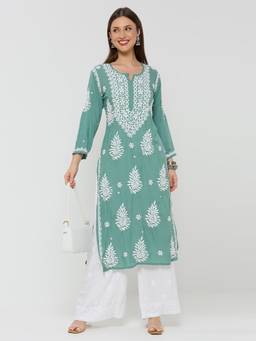 THREZO - Green Modal Chikankari Solid Long Kurta