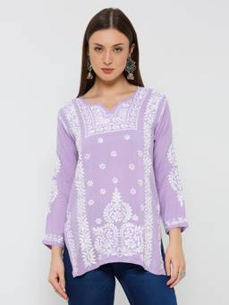 THREZO - Lavender Rayon Chikankari Solid Short Kurta