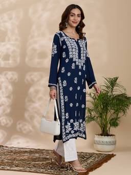 THREZO - Navy Blue Rayon Chikankari Solid Long Kurta