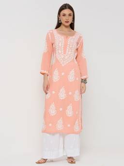 THREZO - Peach Modal Chikankari Solid Long Kurta
