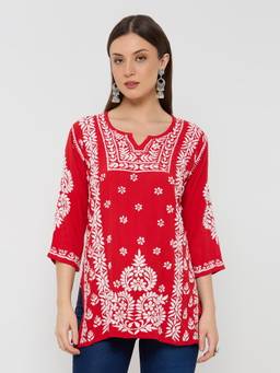 THREZO - Red Rayon Chikankari Solid Short Kurta