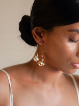 Dhwani Bansal - Strikingly Bold Zuri Hoops In Gold Plated Textured Brass & Gold Dipped Baroque Pearls
