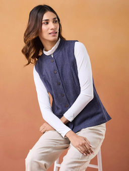 Fabindia - Women Blue Solid Waist Coat