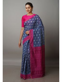 Unnati Silks - Navy Blue Screen Printed Chanderi Sico Saree with Unstitched Blouse