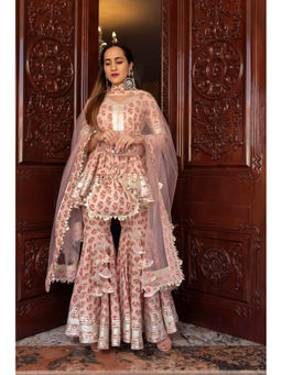 POMCHA - Peach Hand Block Cotton Sharara (Set of 3)