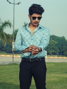 JAVINISHKA - Blue Royal Motifs Digital Printed Party Wear Slim Fit Giza Cotton Shirt