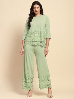 Global Republic - Viscose Blend Embroidered Round Neck Green Co-Ord Set