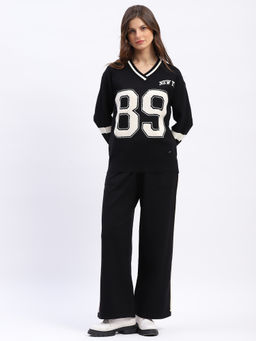 Global Republic - Viscose Blend Text Print V-Neck Black Co-Ord Set