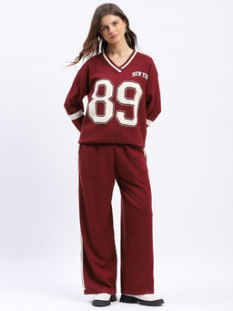 Global Republic - Viscose Blend Text Print V-Neck Maroon Co-Ord Set