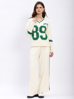 Global Republic - Viscose Blend Text Print V-Neck Off White Co-Ord Set