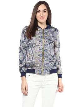 StyleStone - Women Blue Rayon Paisley Bomber Jacket